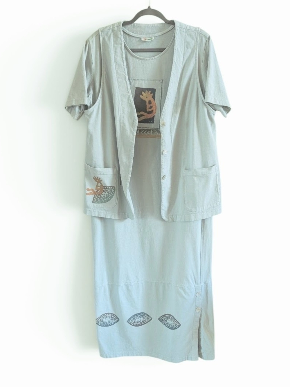 Vintage 90s Southwestern Kokopelli 2 Piece Dress Vest Set Light Teal Blue Slit